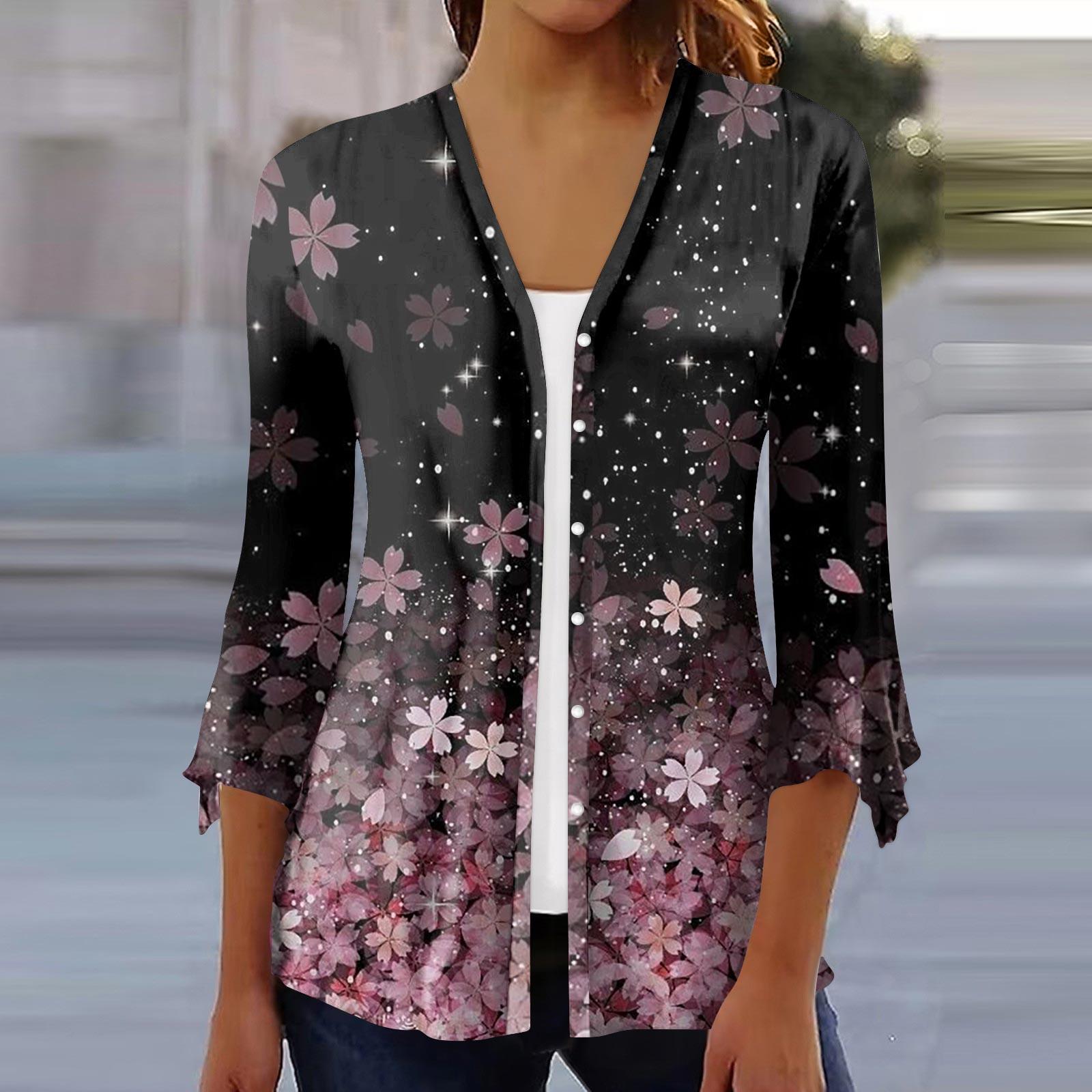 

Женская модная свободная повседневная блузка на пуговицах с рукавами из семи частей и принтом, кардиган, топ M розовый