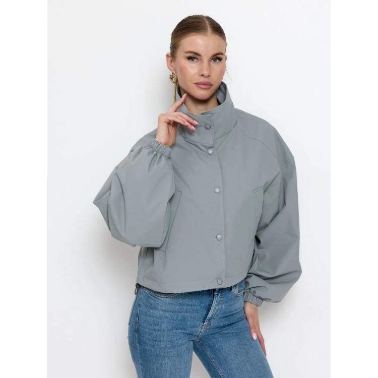 Women's Stand Collar Jacket Button Down Lantern Sleeve Elastic Cuff Pocket Solid Color Casual Coat
