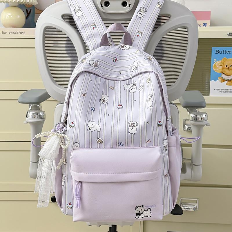 Schoolbag Female Japanese Small Fresh Sweet Printed Bear Striped Backpack Junior High School Student Lightweight Large Capacity Backpack