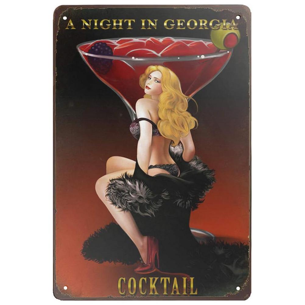 Vintage Pinup Weinmädchen Metallblechschilder Cocktail Martini Fireball Bier Wanddeko für Hausbars Garage Café Clubs Man Cave Pubs