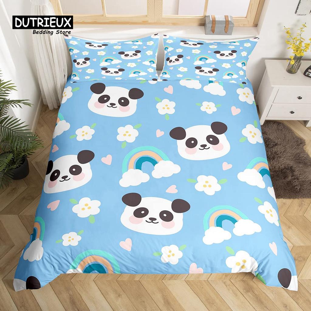 Cute Panda Duvet Cover Set Kawaii Rainbow Cartoon Animals Bedding Set Full Microfiber White Flowers Pink Heart Comforter Cover