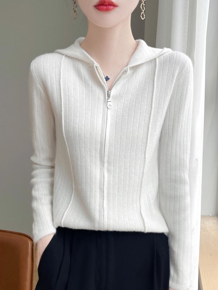 Women's Striped Hooded Wool Cardigan - Long Sleeve, Slimming Zip-Up Sweater for Autumn/Winter