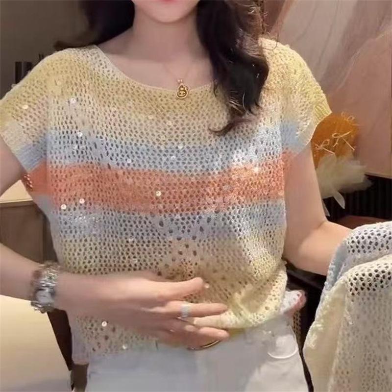 

Summer Casual Sequin Knit T-Shirt for Women - Short Sleeve, Round Neck, Trendy & Youthful One Size [42.5-52.5 kg] помаранчевий