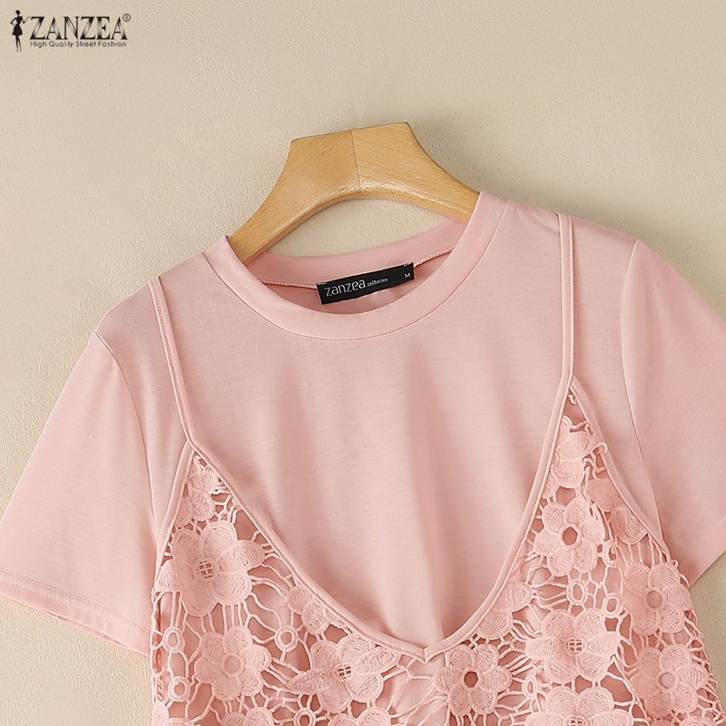 ZANZEA Women Casual Round Neck Lace Patchwork Summer Loose Short Sleeve T-Shirts