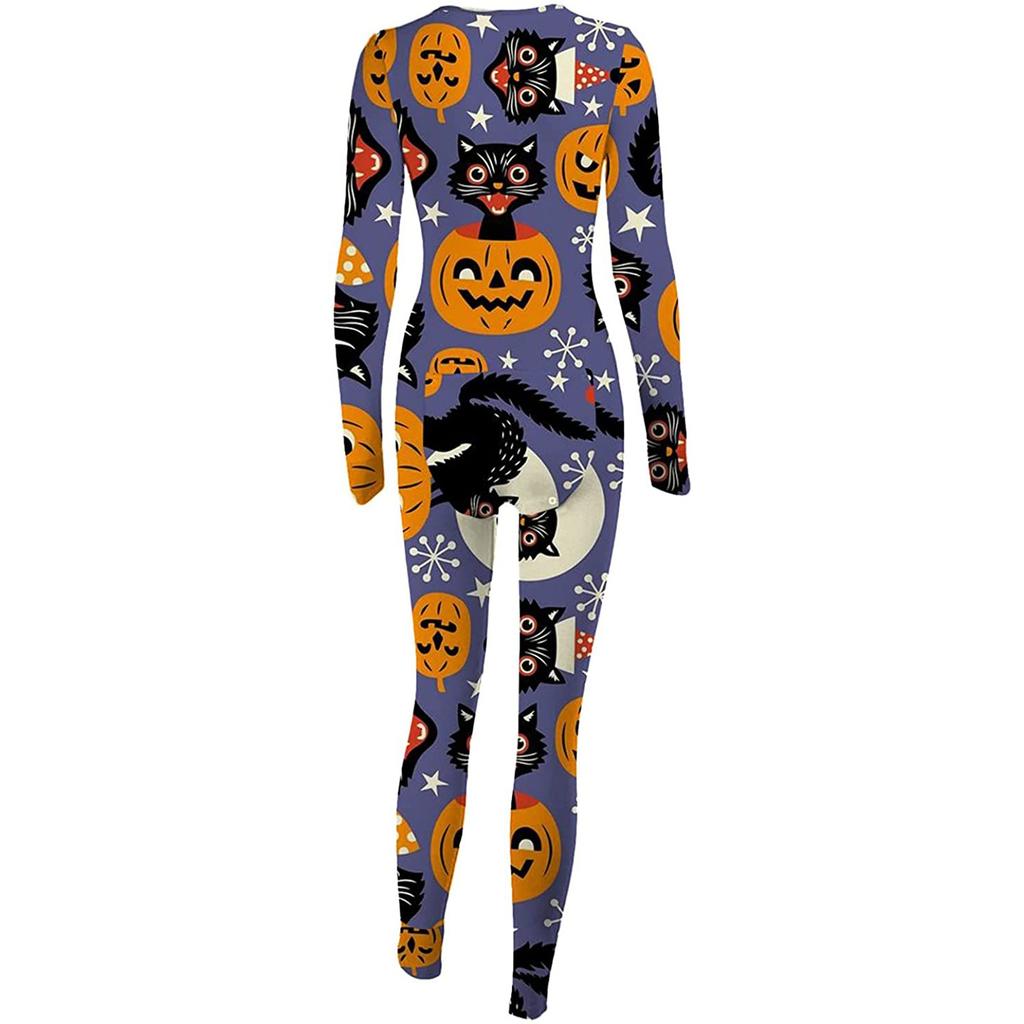 Women's Button-Down Halloween Print Functional Buttoned Flap Adults Jumpsuit
