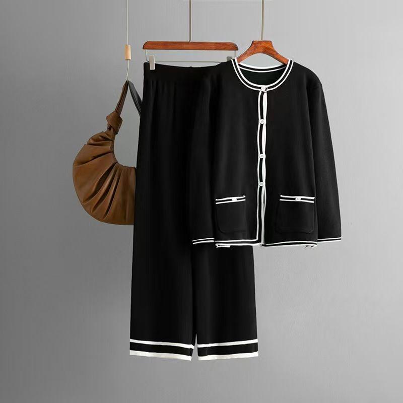 

Fashion Wind Knitting Cardigan Sweater Loose Pants Two-piece Set Knitted Top Wide Leg Pants Set Black All yards
