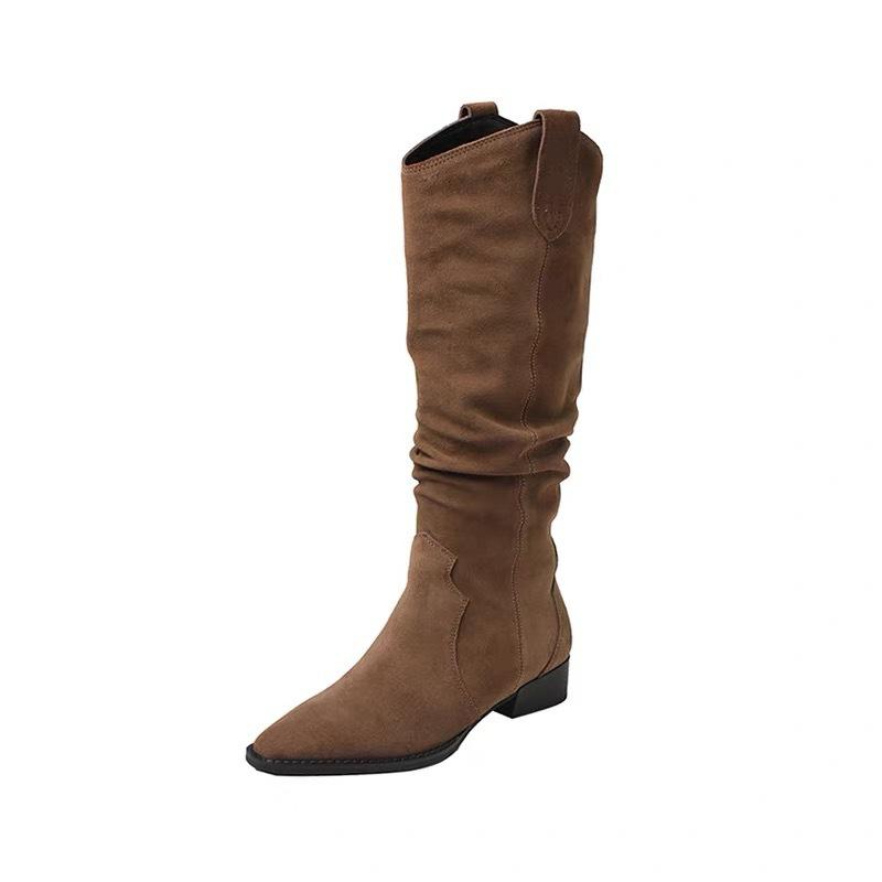 Sheepskin Version~ Retro Pointed Western Cowboy Boots V-mouth Stacking Boots Thick Heel Tall Pleated Boots Female Knight Boots