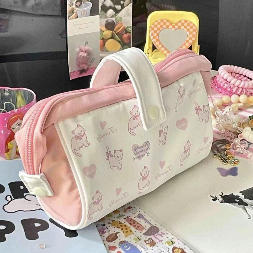 Cartoon Canvas Pen Bag Portable Large Capacity Pencil Case Multifunction Pen Pouch Gift