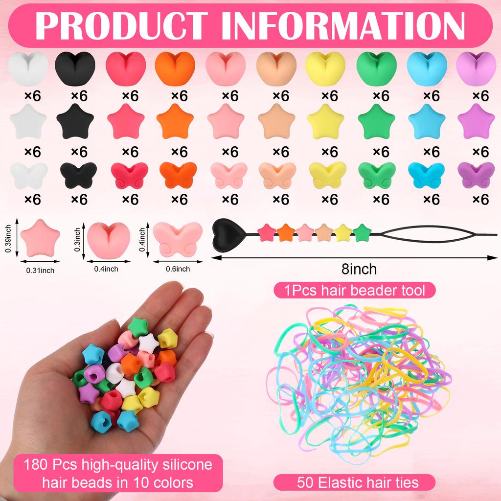 180 Stück Silikon-Haarperlen 5 mm Herz Stern Schmetterling Bunt Weich Pony-Perlen Großhandel Haar-Accessoires Mit Schnell-Einfädler Und 100 Gummi