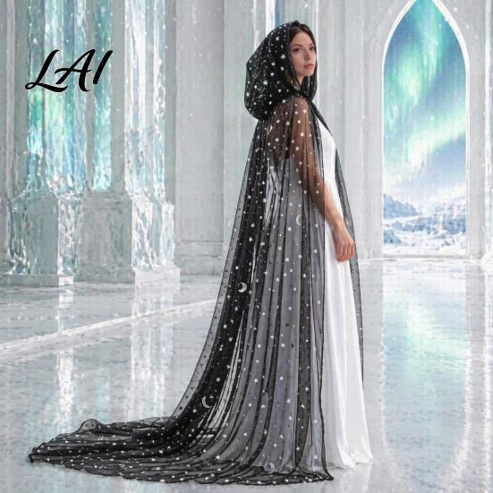 Elegant Stage Performance Cape Full Length Hooded Cloak for Women Star Moon Sheer Gothic Cosplay Robe Tulle Witch Halloween Costume Renaissance