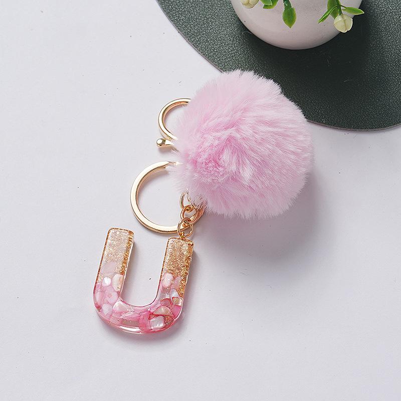 Niedlicher Schlüsselanhänger Rosa Pompom Fellkugel 26 Buchstaben Schlüsselanhänger Harz Schlüsselanhänger Handtaschenanhänger Für Frau Ornamente Accessoires Geschenk