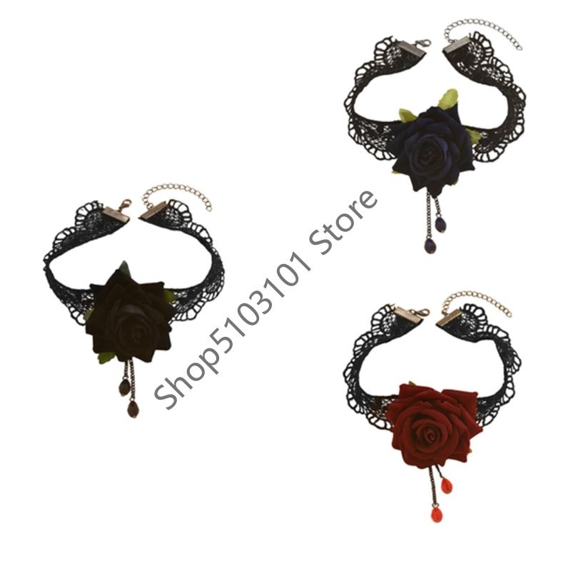 Gothic Flower Choker Necklace For Women Lace Rose Blossom Neck Chain Neck Accessory Halloween Jewelry