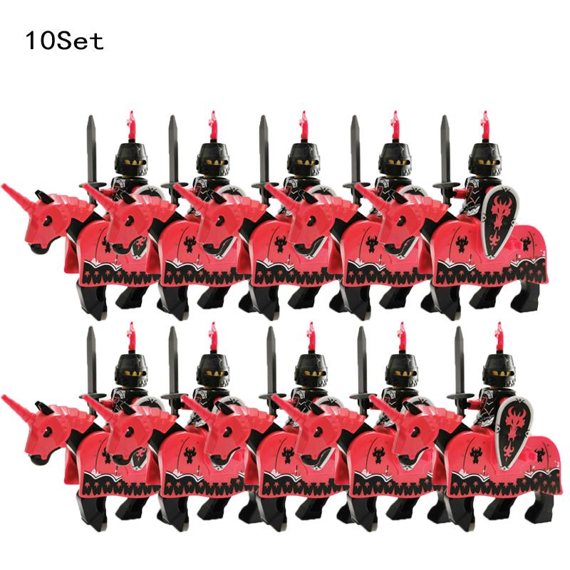 10 Sets Medieval Castle Knight Royal King's Red Dragon Black Warrior Soldier Rider with Horse Building Blocks Toys for Children
