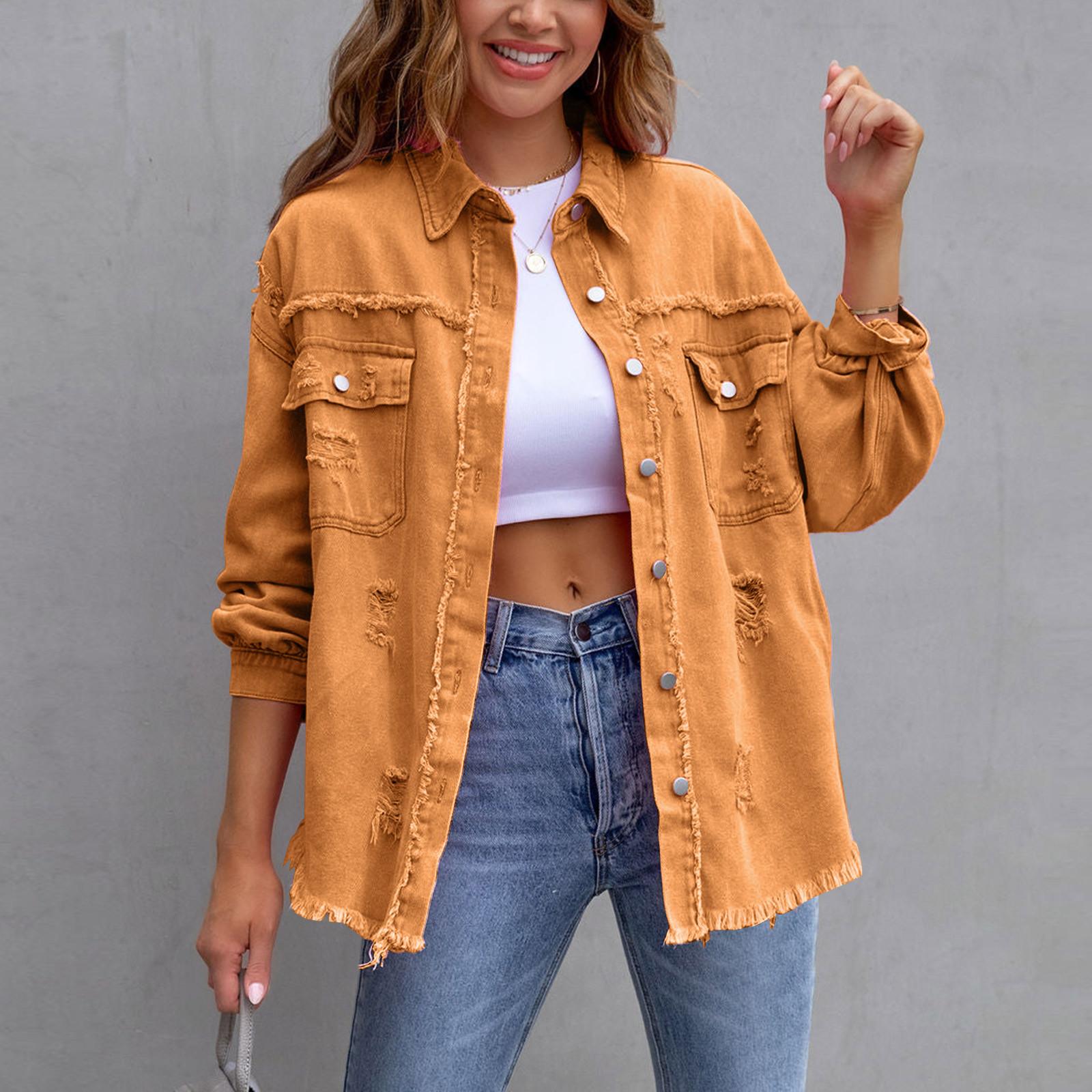 

Женская джинсовая куртка, рубашки на пуговицах, потертое пальто с карманами XXL оранжевый