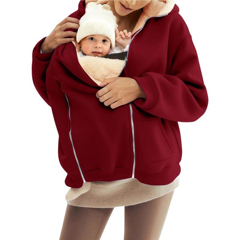 Women's Winter Maternity Baby Carrier Hoodie Fleece Lined Zip Up Kangaroo Pocket Jacket