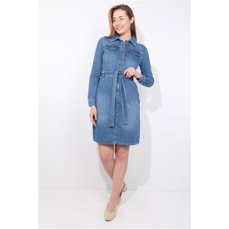 

Женское джинсовое платье с длинным рукавом синего цвета с поясом L синий