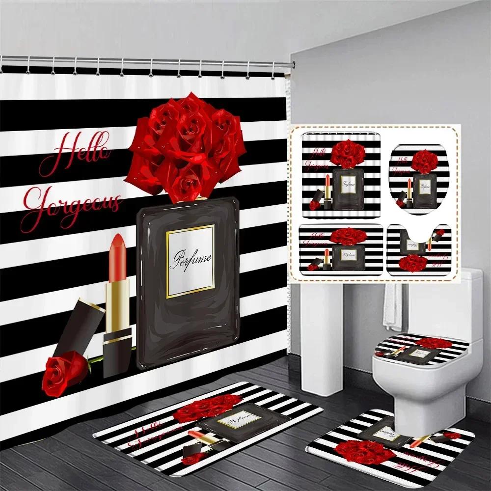Set Tenda da Doccia Profumo Moda Fiore Rosa Rosa Donna Moderna Ragazza Decorazioni Bagno Casa Tappetino Antiscivolo Tappetino da Bagno Copri Sedile WC