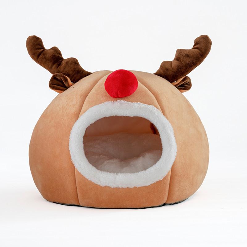 Pet Cat Bed House Cute Elk-shaped Kennel Nest Winter Warm Puppy Kitten Bed Cushion Comfortable Cat House Cave Christmas Pets Pad