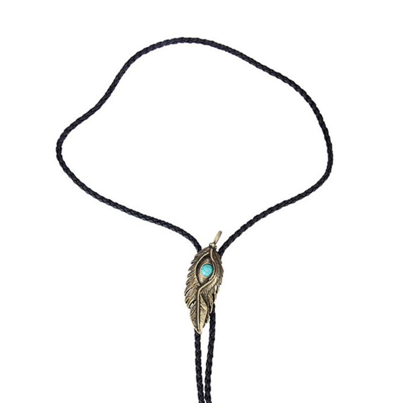 Metal Turquoise Bolo Tie Wing Pattern Feather Necktie for Shirt Jeans Western Necklace Braided Shoestring Necktie Bola-T