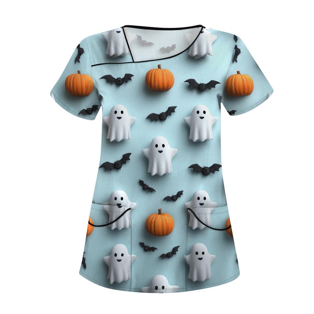 Dámské potištěné pracovní oblečení, šikmý límec a dvojité kapsy, základní top pulovr