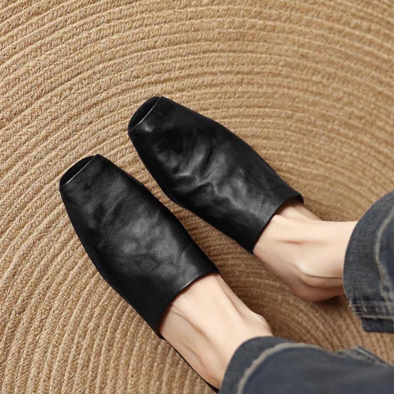 Women's Mules Outer Wear Woman Square Closed Toe Slippers Cowhide Lazier Flats Genuine Leather Simple Style Soft Mule Flat Shoes