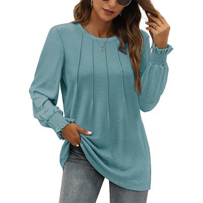 Women's Autumn Loose Front Pleated Shirt Round Neck Long Sleeve T-shirt Pullover Top