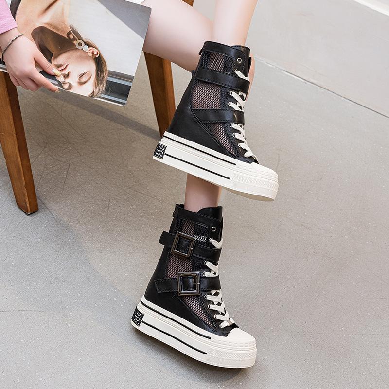 Damen Schuhe mit innerer Erhöhung 12cm 2025 Sommer neue dicksohlige coole Stiefel Gürtelschnalle dicksohlige Mesh-Stiefel atmungsaktive High Heels