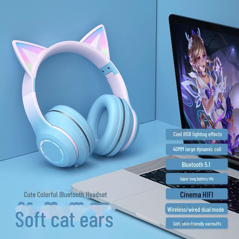 Bluetooth-Gaming-Headset mit Katzenohren in Farbverlauf und Leuchteffekt