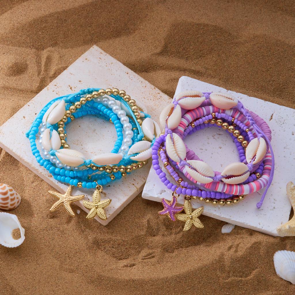 Colorful Dopamine Starfish Shell Beads Elastic Bracelets Set for Women Bohemian Heishi Chain Bracelet Summer Party Jewelry Gift