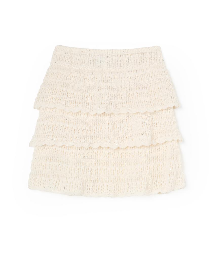 Seuwingses Pom-Pom Flower Tiered Knit Skirt (Cream)
