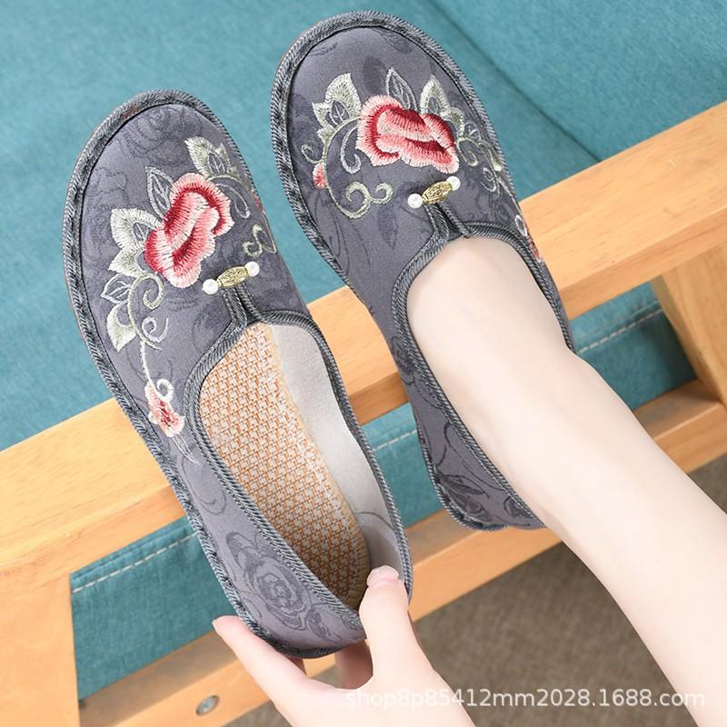 Womens Comfortable Flat Slip-On Shoes With Floral Embroidery Non-Slip Rubber Sole Cotton Upper Insole