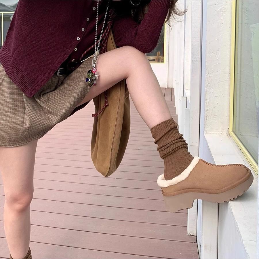 Cowhide Version~ Ruth Thick-soled Snow Boots Women's Velvet Thermal Cotton Shoes, Half-towed Bag Head, and Fluffy Slippers