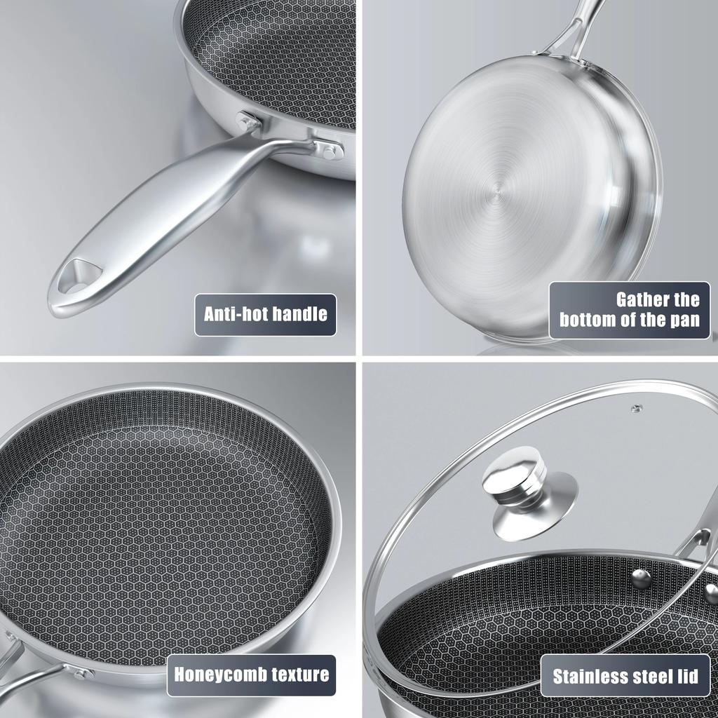 26/28cm With Glass lid Frying Pan Stainless Steel Cooking Pot Non Stick for Cooking Steak Pancake Egg for induction Cooker