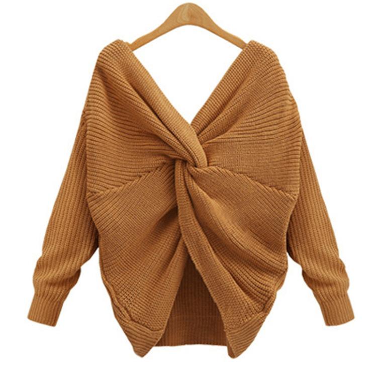 Casual Solid Knit Sweater Ladies V Neck Crew Neck Warm Daily Long Sleeve Blouse