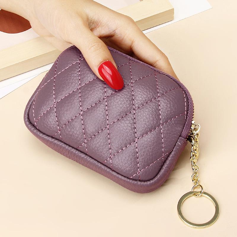 Genuine Leather Diamond Pattern Coin Purse & Keychain Wallet