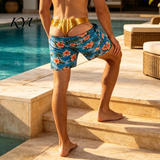 Summer Party Tricky Swimwear Hairy Big Booty Shorts, USA Flag Print Men Swim Trunks, Golden Funny 3D Visual Effect Shorts Briefs Design, Beach