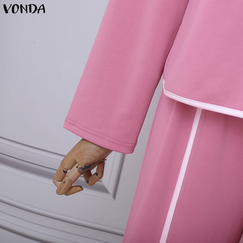 VONDA Two Piece Suit Women Retro Long Sleeve Splicing Blouse and Pants Casual Office Sets