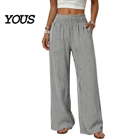 Breathable Summer Pants Women Striped Wide Leg Pants, Elastic Waist Casual Trousers Trousers, Loose Fit Palazzo with Pockets Lightweight
