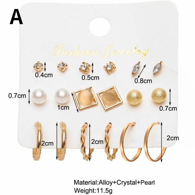 

2021 Fashion Trend Jewelry Pearl Zircon Temperament Earrings Ladies Pearl 9-Piece Set Geometric Ladies Geometric Round Earrings Party Gifts A