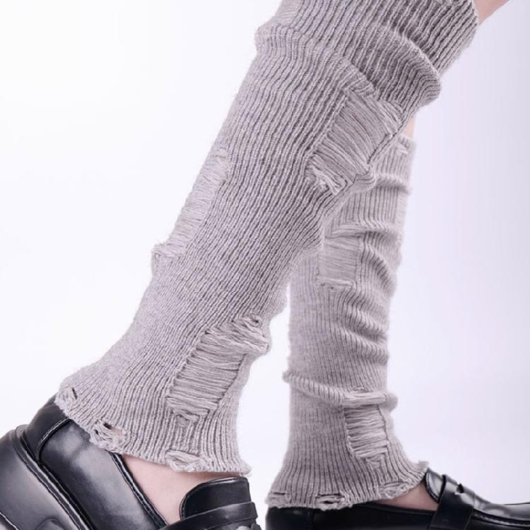 Harajuku Y2K Women Leg Warmer Distressed Ripped Ribbed Knit Stretchy Long Socks