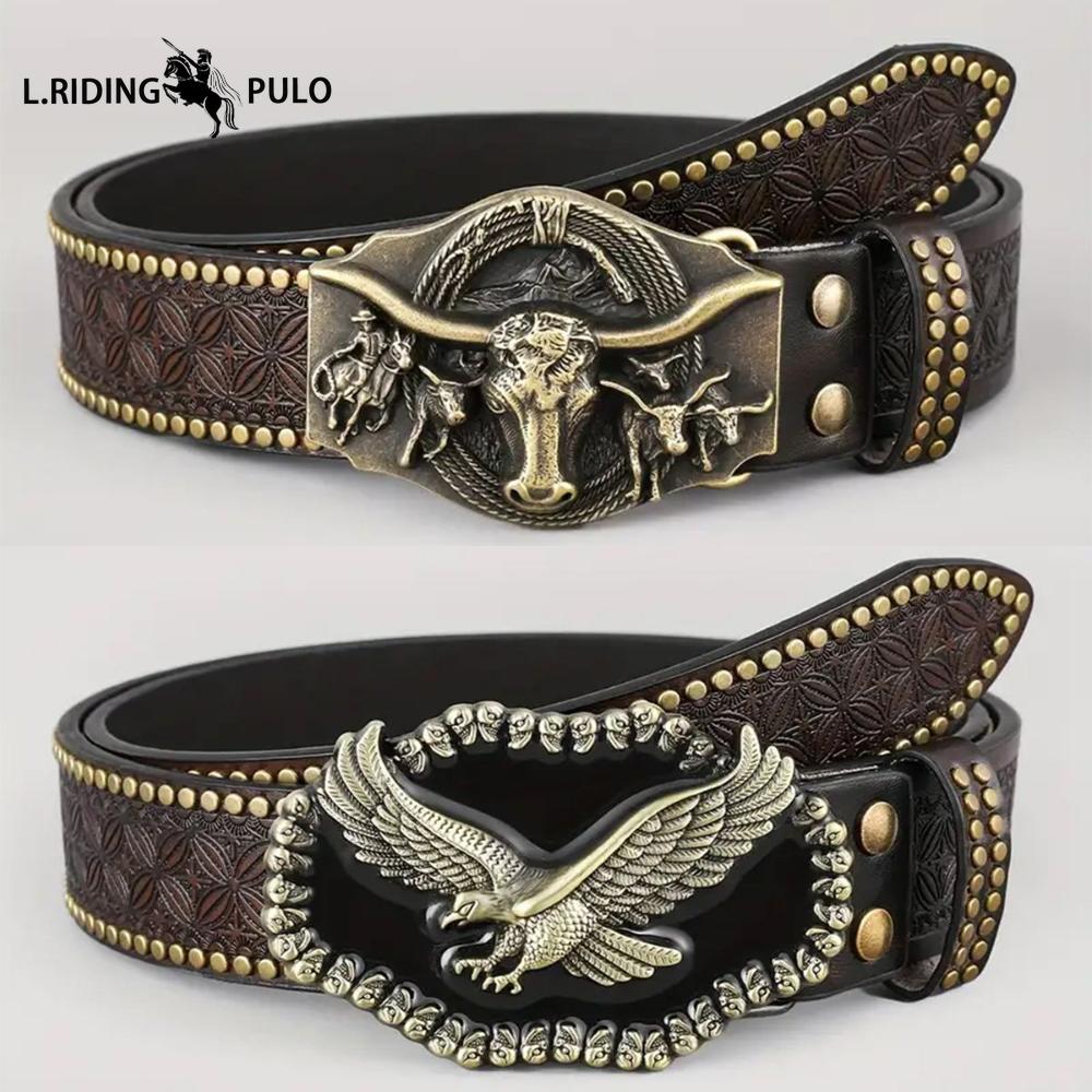 Cintura Western in Denim Tendenza Retro Gioventù Punk Rilievo Uomo Borchie Pelle Cintura