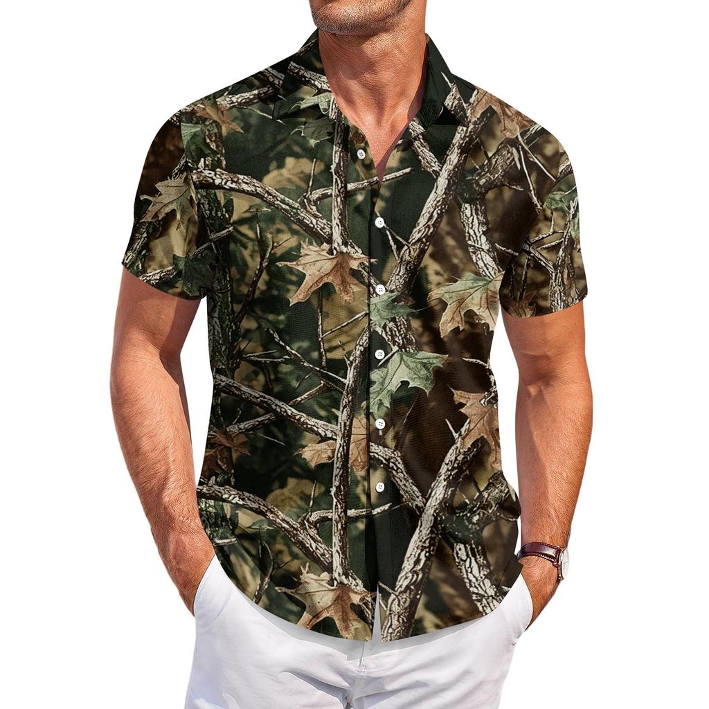 Camisa casual de manga corta para hombre con estampado de camuflaje, diseño de botones, adecuada para el uso diario, actividades al aire libre y viajes.