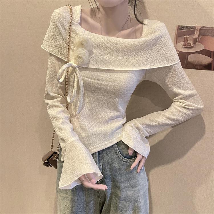 

Korean sweet one-word shoulder horn sleeve knitted sweater women s autumn irregular inner sweater flowers one size fits all