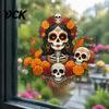 Waterproof PVC Window Murals Day of The Dead Clings, Dia De Los Muertos Sticker, Colorful Removable Holiday Glass Clings Sugar Skull with Flowers