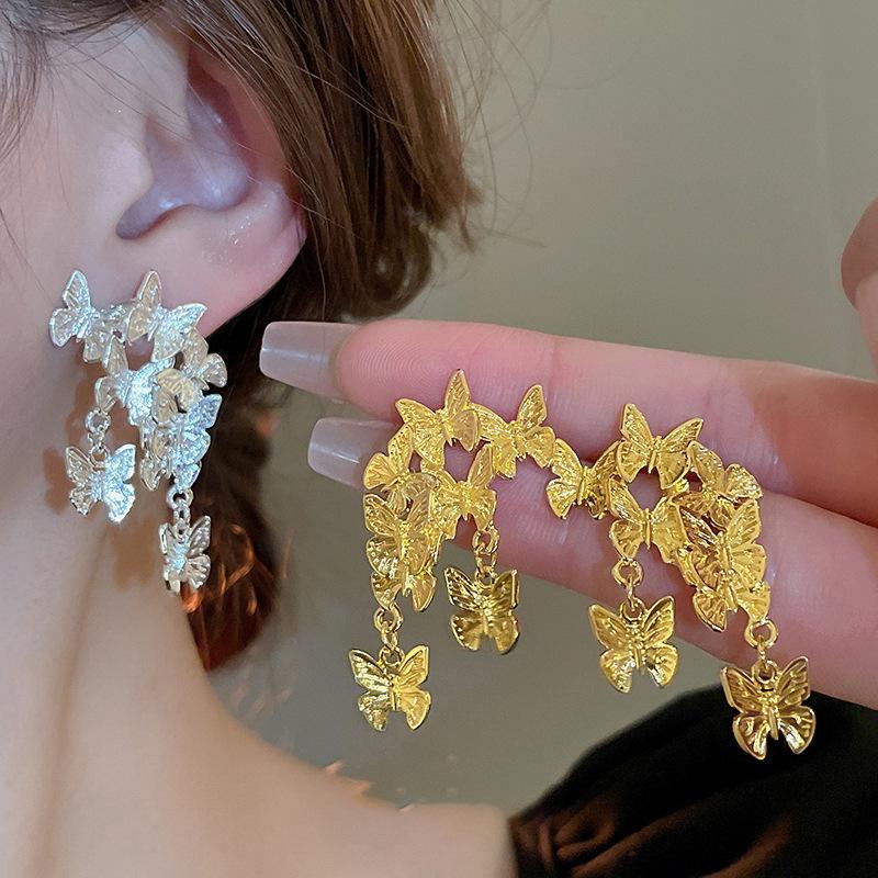 2024 Trendy French Retro Butterfly Tassel Earrings: Elegant Metal Studs