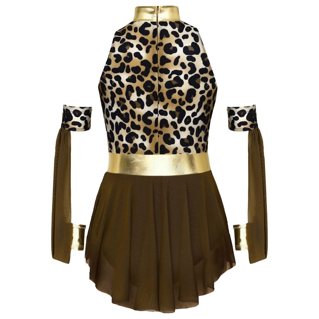 Girls Prehistoric Costume Leopard Print Dress with Built-in Briefs & Oversleeves Metallic Gloss for Performance