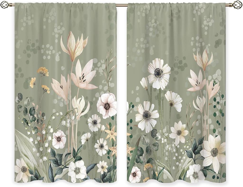Green Boho Flower Small Kitchen Curtains Flower Plant Window Treatment Botanical Herb Chic Rod Pocket Cafe Short Window Curtains