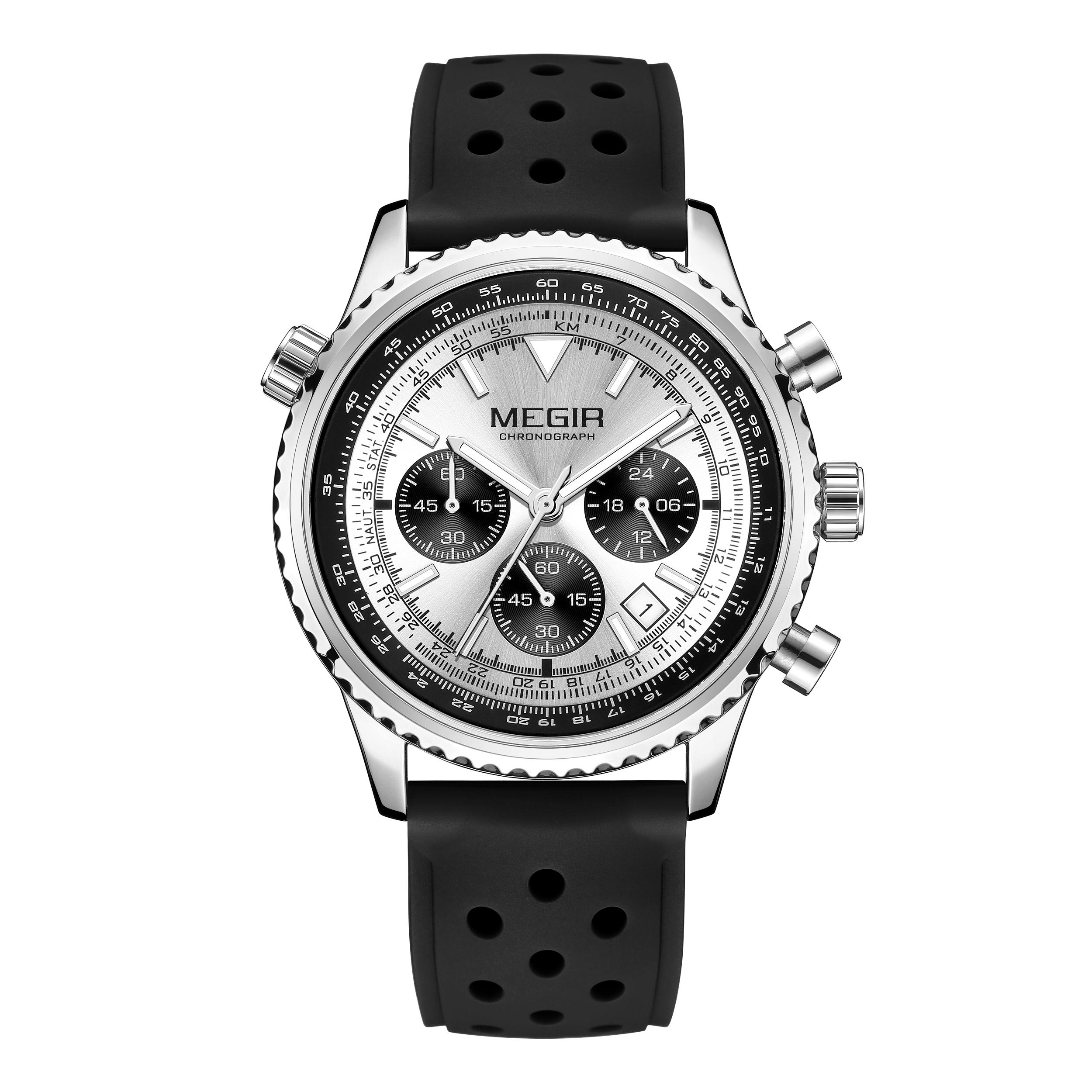 

MEGIR Men s Watch Quartz Sport Chronograph Fashion Luminous Calendar Man Wristwatch 24-hour Silicone Strap Relogio Masculino 2236 чорний/срібний