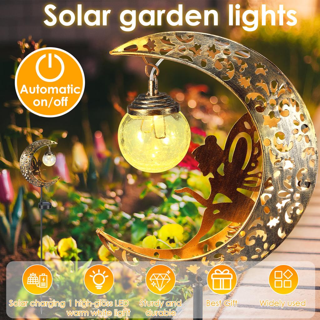 Solar Garden Lights Moon Fairy Crackle Glass Stake Lights Waterproof Warm White LED Metal Decorative Lights Outdoor Pathway