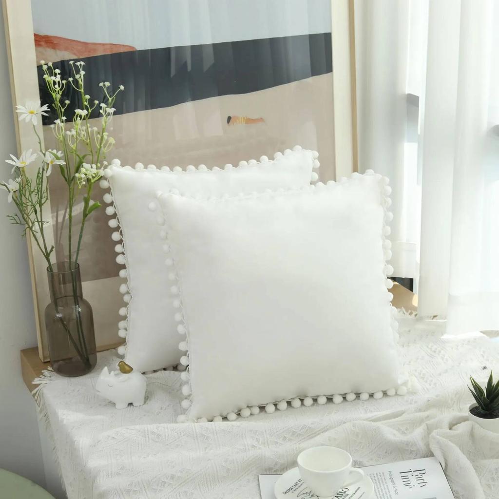 Velvet Pillow Cover with Ball Lace, Soft Cushion Cover, Monochrome, Modern and Simple, Fur Ball, 30x50, 40x40, 50x50, 65x65cm